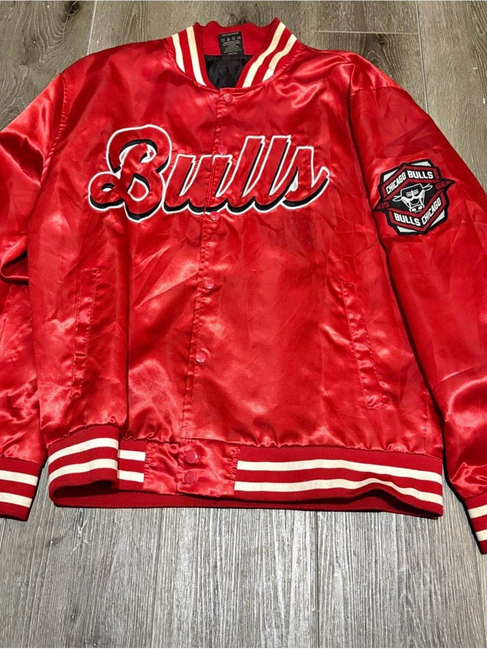 NBA Chicago Bulls Red Satin Varsity Jacket with Stripe Trim